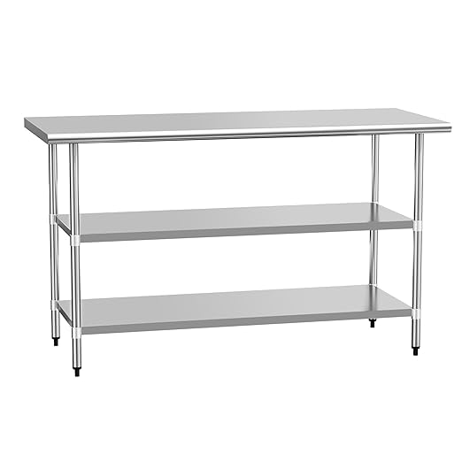 Stainless Steel Table for Food Prep & Work 24 x 60 inches with 2 Adjustable Undershelves, Commercial Workstation in Kitchen, Garage, Outdoor BBQ