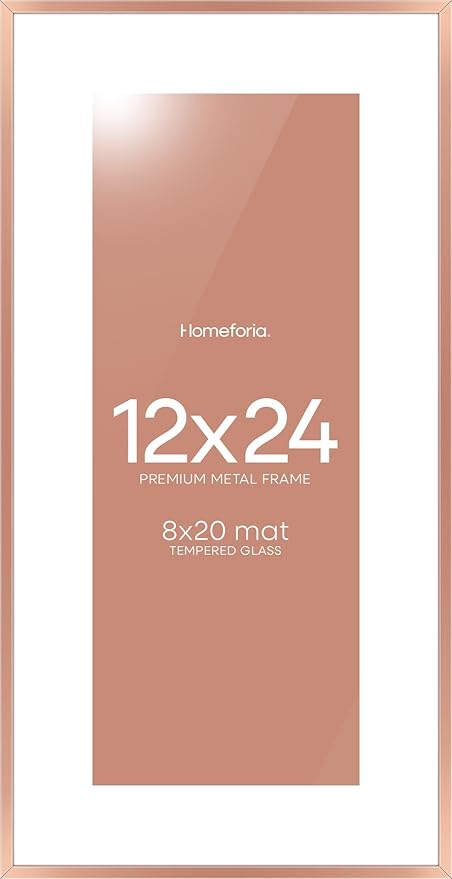 Homeforia 12x24 Rose Gold Picture Frame, High End Metal 12x24 Poster Frames with Mat 8x20 Photo, 12 x 24 Rose Gold Frame Matted to 8 x 20 Art, 24x12 Panoramic Frame, Tempered Glass, Wall Kit, Set of 1