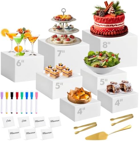 7 Pcs Buffet Risers with Mini Sign and Maker Serving Tongs Cake Cutter, White Acrylic Food Display Stands for Buffet Table Party Catering Dessert Nesting Cube Boxes with Hollow Bottoms (8",7",6",5",5",4",4") by Unknown