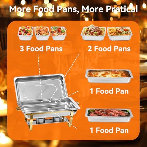 9Qt Chafing Dishes for Buffet, 4 Pack Gold 304 Stainless Steel Chafing Dish Sets, Complete Buffet Server and Warmers Set with Multiple Size Pans for Parties - Image 3