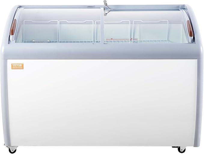 VEVOR Commercial Ice Cream Display Case, 12.8 Cu.ft Chest Freezer, Mobile Glass Top Deep Freezer, Restaurant Gelato Dipping Cabinet with 4 Wire Baskets, 2 Sliding Glass Doosr, Locking Casters, White