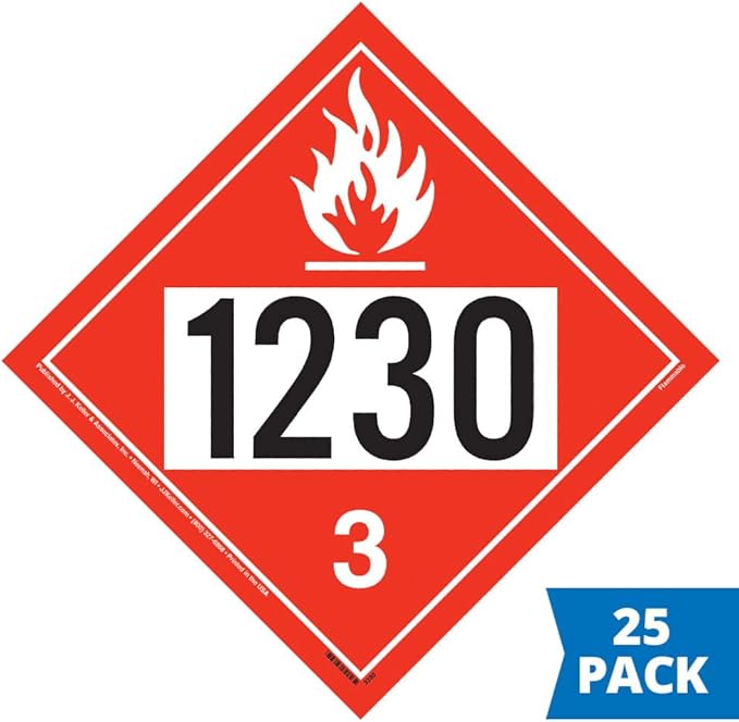 1230 Placard, Class 3 Flammable Liquid 25-pk. - 10.75" x 10.75" Removable Self Adhesive Economy Vinyl for Short-Term Applications, DOT Hazmat Compliant, J. J. Keller & Associates, Inc.