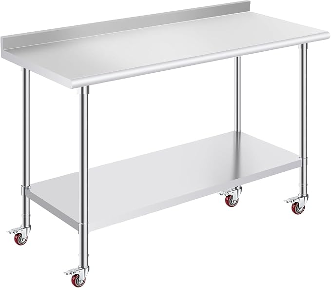 OSTBA Stainless Steel Table for Prep & Work 24x60 Inches with Casters Wheels and Backsplash, NSF Metal Commercial Heavy Duty Table with Adjustable Undershelf for Restaurant Kitchen Home and Hotel