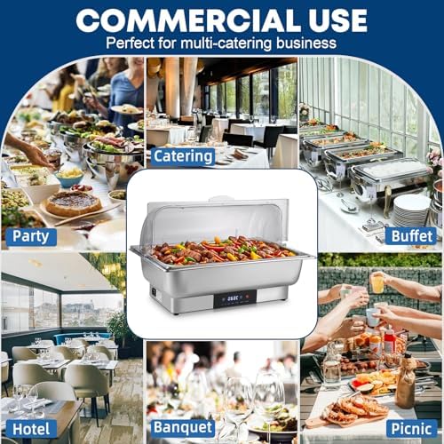 Electric Chafing Dish Buffet Server Set, Stainless Steel Full Size & Half-Size &Three-Section Food Pan with Temp Control, Roll Top Stainless Steel Food Warmers for Catering Buffet - Image 7