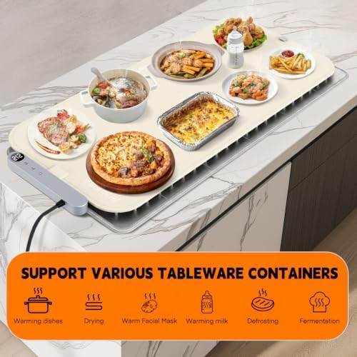 Homelove Warming Mat for Food - Electric Warming Tray with 7-Level Temp Settings & 6 Hours Timer, Full Surface Graphene Heating, Waterproof Dishwasher-Friendly Food Warmer for Parties, Kitchen (Beige) - Image 6
