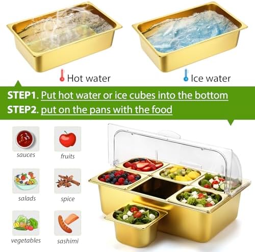 Ziliny 6 Pan Cold Food Buffet Server with Lid Salad Bar Station, Gold - Image 5