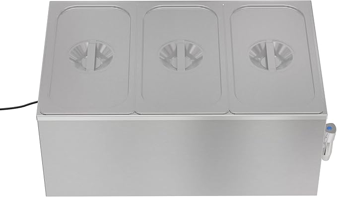 KoolMore Commercial Bain Marie Countertop Food Warmer, Soup Station, and Buffet Table Server with Three Serving Section and Tap, Stainless-Steel Steamer with Auto Shut Off (CFW-3T), Silver