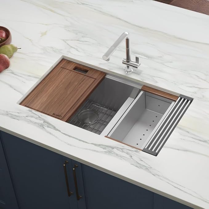 Ruvati 28-inch 60/40 Double Bowl Kitchen Sink - Undermount Low Divide 16 Gauge Stainless Steel Kitchen Sink with Brushed Finish hides scratches, Easy-to-Clean Undermount Sinks - RVH8341