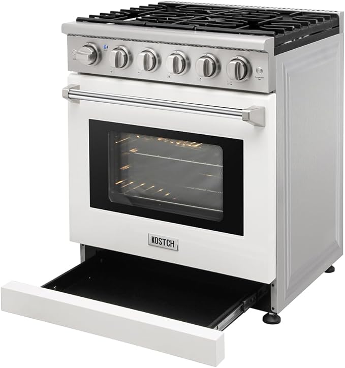 KOSTCH 30 inch Professional Freestanding Pro-Style Natural Gas Range or Liquid Propane Gas Range with 5 Burners, 4.55 cu.ft. Oven Capacity, in White- KOS-30RG03M (White-01)