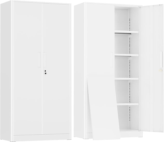Greenvelly Metal Garage Storage Cabinet, White Steel Lockable Cabinet with 2 Doors and 4 Adjustable Shelves,Utility Metal Filing Cabinet with Lock for Home Office, Garage, Pantry, Kitchen
