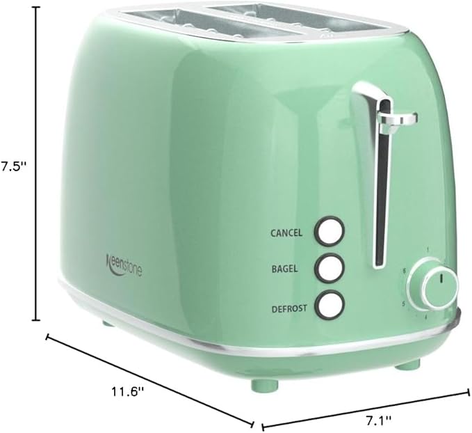 2 Slice Stainless Steel Toaster Retro with 6 Bread Shade Settings, Bagel, Cancel, Defrost Function, Extra Wide Slot, Removable Crumb Tray Green