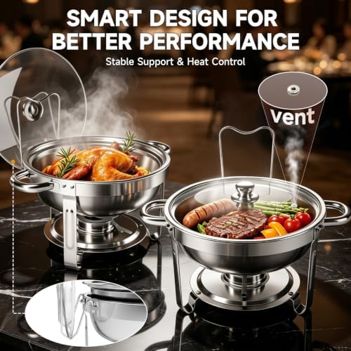 Chafing Dishes for Buffet, 2 Pack 5QT Stainless Steel Round Buffet Servers and Warmers, Buffet Warmer Set with 2 Serving Tongs & Spoons, Food Warmers for Parties, Weddings, Catering Events - Image 4