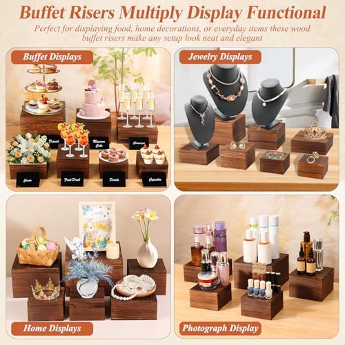 Qinzave 7 Pack Wooden Risers Display Stands with Acrylic Maker Pen and Mini Sign, Food Risers for Buffet Table Shelf Display Stand for Party Catering Dessert Cupcake Jewelry - Image 4
