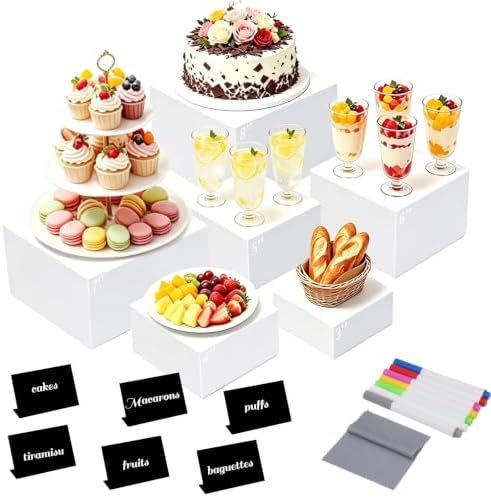 White Acrylic Buffet Risers Dessert Table Display Stand with Signs & Marker by Unknown
