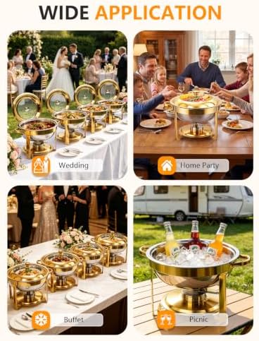 4 Pack 6QT Gold Chafing Dishes for Buffet,Installation-Free Stands,Round - Image 7