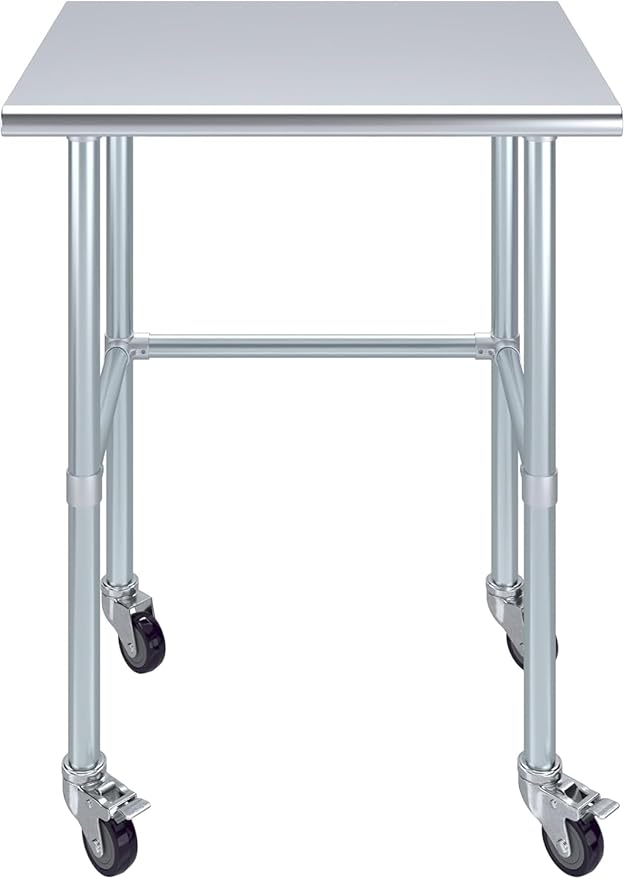 Stainless Steel Work Table Open Base & Wheels | Work Station | Metal Work Bench (Stainless Steel Work Table Open Base + Casters) (30" Long x 24" Deep)