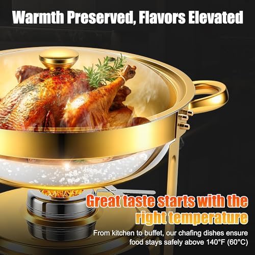 Chafing Dishes Buffet Food Warmer - Parties Servers Trays Catering Dish Warming Display Set - Chafers Keep Warm Serving Tray Round Heating Kit with Burners 4 Set Gold - Image 2