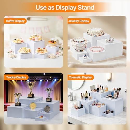 Nestable Buffet Risers - 6 Pcs White Acrylic Food Risers with Signs & Markers – Sturdy Dessert Table Display Stands for Parties, Catering, Jewelry & Collectibles (Easy-Store Stackable Cubes: 8", 7", 6", 5", 4", 3") - Image 4