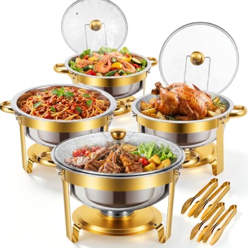 ALSO GO Chafing Dish for Buffet, 7QT 4 Pack Gold Round Chafing Dish Set with Glass Lid, Stainless Steel Serving Tray, Water Pan, Stand, Fuel Holder, Food Warmer for Party, Gathering, Banquet, Wedding by ALSOGO