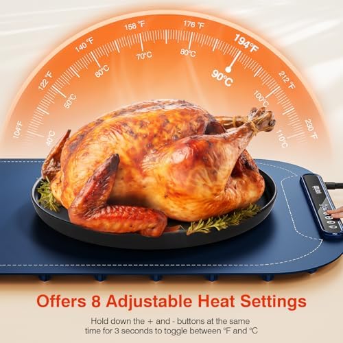 Warming Mat for Food, Voriah Electric Warming Tray with 99H Timer & 8 Temperature Settings, Foldable Food Warmer with °C/°F Switch, Keeps Food Warm at Buffets, Sabbath, Family Gatherings（Navy Blue） - Image 2