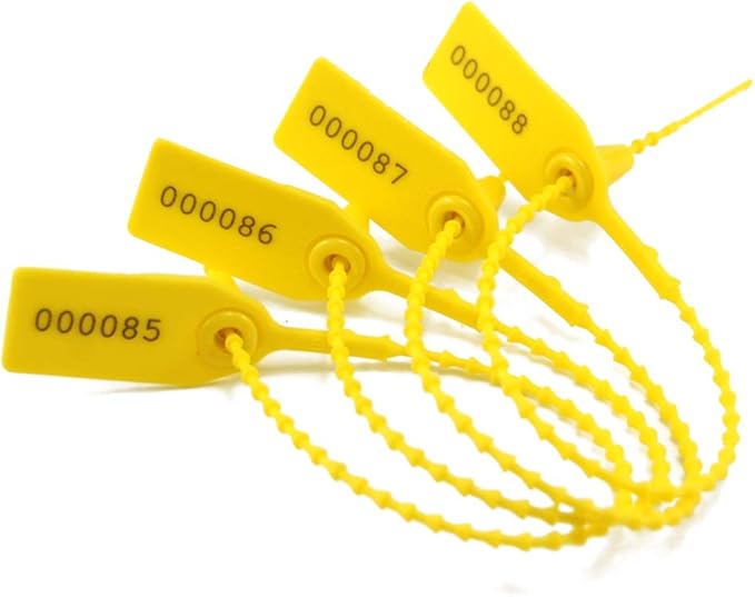 100 Plastic Tamper Seals, Zip Ties for Fire Extinguishers Pull Tite Security Tags Numbered Disposable Self-Locking Tie 250mm Length (Yellow)