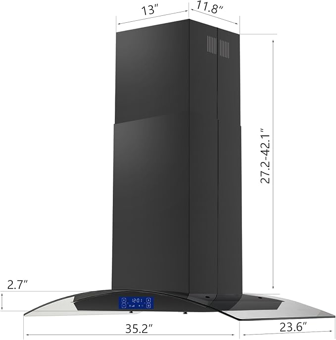 36 inch Island Range Hood 700CFM Black Painted Stainless Steel, Gesture & Touch Control Panel Ceiling Mount Kitchen Vent Hood Ducted/Ductless Convertible Extractor, Exhaust Fan 4 LED Lights