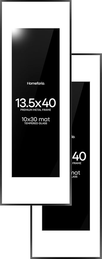 Homeforia 13.5x40 Panoramic Frame Black, High End Metal 13.5x40 Picture Frames with Mat 10x30 Photo, 13.5 x 40 Poster Frame Matted to 10 by 30 Print, 40x13.5 Frames, Tempered Glass, Wall Kit, Set of 2