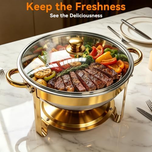 4-Pack 6QT Chafing Dishes for Buffet, 304 Stainless Steel Chafing Dish Buffet Set with Glass Lids & Lid Holders – Food Warmers for Parties, Weddings, Birthdays & Catering, Gold - Image 4