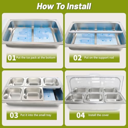Countertop Ice Food Serving Display Tray with 6 Pan, Portable Salad Bar Buffet Station for Home, Cold Food Buffet Server, Ice Serving Trays for Parties, Pizza Topping Station Cooling Trays for Food - Image 5