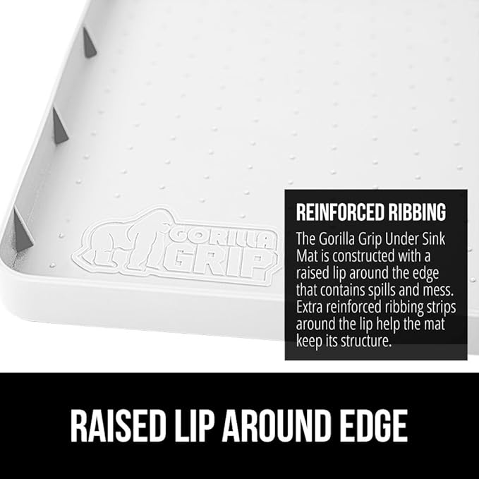 GORILLA GRIP Waterproof Silicone Under Sink Mat with Raised Lip for Kitchen and Bathroom, Cabinet Shelf Liner Stay in Place Mats Dishwasher Safe Drawer Liner, Organizer Tray, 15 x 22 in, White