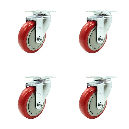 Service Caster Brand Replacement Set for Uline Casters - Swivel Top Plate Casters with 4 Inch Red Polyurethane Wheels - Includes 4 Swivel Casters - Fits Vinyl Basket Truck 24 Bushel