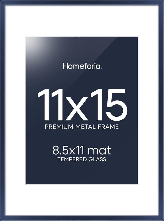 Homeforia 11x15 Picture Frame Navy Blue, High End Metal 11x15 Wall Hanging Frame with Mat 8.5x11, 11 x 15 Poster Frames Matted to 8.5 x 11 inch Photo, 11by15 Frames, Tempered Glass, Wall Kit, Set of 1