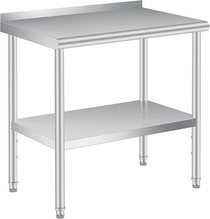 Stainless Steel Prep Table, 48 x 24 Inches, with Backsplash, Adjustable Undershelf, Commercial Heavy Duty Table with Adjustable Under Shelf for Outdoor Use,Restaurants,Hotels,Works