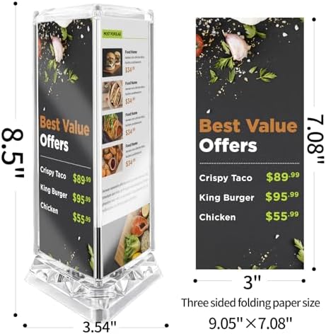 Rotating Acrylic Sign Holder with 3 Side for Restaurant Coffee Menu Clear Tabletop Holders fit 7x3“ x3 Page - Image 6