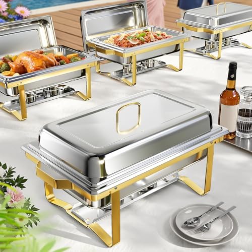 Chafing Dishes for Buffet 4 Pack, 9QT Chafing Dish High Grade Stainless Steel Chafer Complete Set,Steel Handle, Catering Events Complete Buffet Warmer Set (Golden, 4) by KScocina