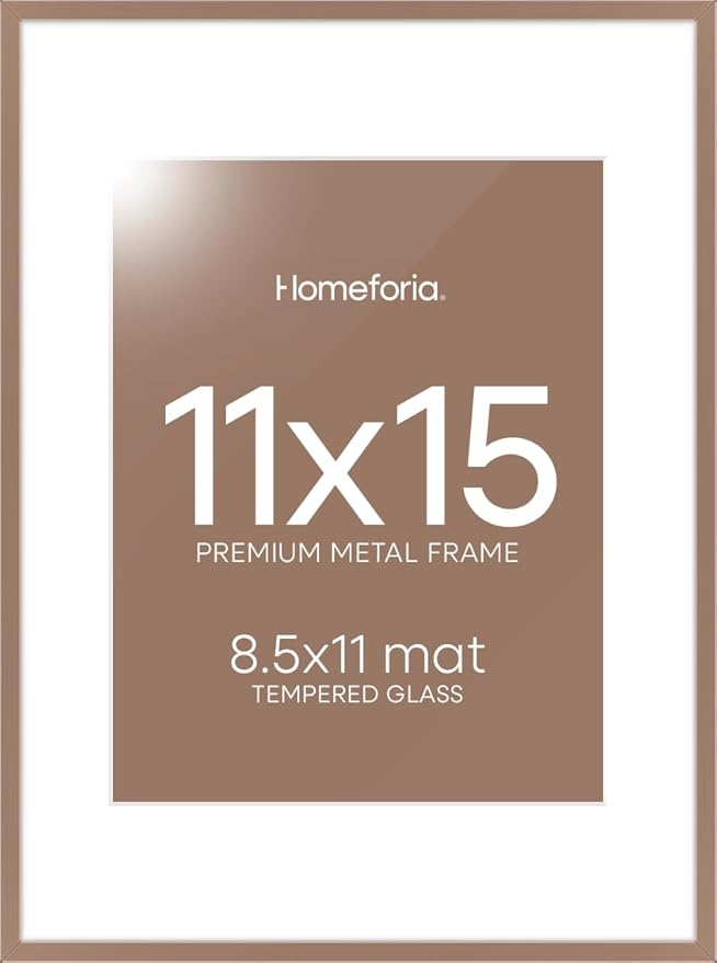 Homeforia 11x15 Picture Frame Mocha, High End Metal 11x15 Poster Frames with Mat for 8.5x11, 11 x 15 Mocha Frames Matted to 8.5 x 11 inch Photo, 11by15 Hanging Frames, Tempered Glass, Wall Kit, Set of 1