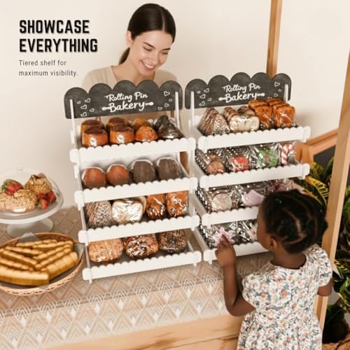 HOTCAN Wooden Cookie Display Stand with Chalkboard Sign for Bakers, Vendors, Craft Fairs | Pastry Display for Market Booths & Events | 4 Tiered Cookie Display for Muffins, Cakes, and Pastries (White) - Image 3