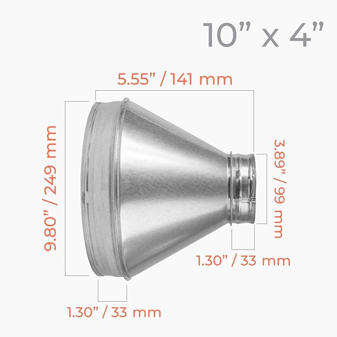 10" to 4" Inch Round Duct Reducer - Male Fit Galvanized Steel Pipe Increaser - Coupling for Round Duct Ventilation Systems - Heating & Cooling, HVAC