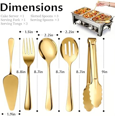 11PCS Stainless Steel Gold Serving Utensils, 8.7''Serving Spoons,8.7''Slotted Spoons, Serving Fork, 9'' Serving Tongs,Cake Server,Hostess Serving Set for Chafing Dish Buffet Catering Parties - Image 2