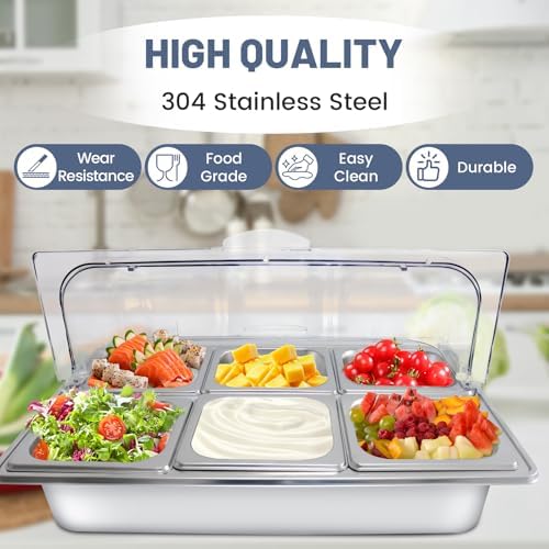 Ice Food Serving Display Tray with 6 Pan, Stainless Steel Salad Bar Buffet Station for Home, Pizza Topping Station, Ice Tray for Food Buffet, Cold Food Buffet Server for Party Home Hotel Kitchen - Image 4