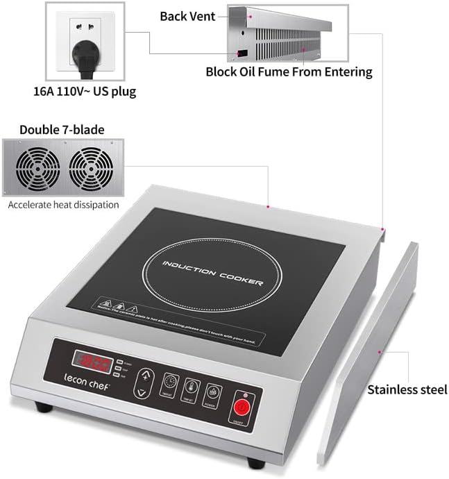Leconchef Induction Cooktop Induction Cooker Stainless Steel Commercial Grade Countertop Induction Cooker Portable Electric Burner 10 Power&Temperature Settings,24 Hours Timer&Preset for