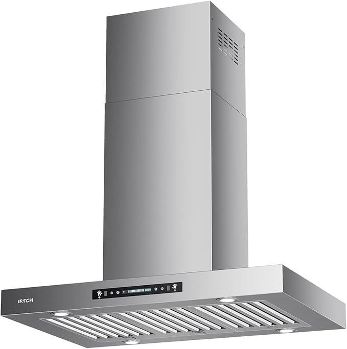 IKTCH Island Mount Range Hood 900 CFM, 42 Inch Stainless Steel Ducted Island Range Hood, Gesture Sensing & Touch Control, 4-Speed Fan