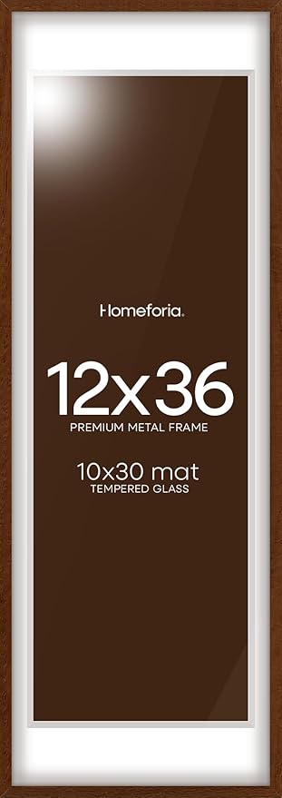 Homeforia 12x36 Picture Frame Brown, High End Dark Oak 12x36 Walnut Wood Poster Frame with Mat 10x30 Art, 12 x 36 Wooden Frame Matted to 10 x 30 Photo, 36x12 Frames, Tempered Glass, Wall Kit, Set of 1