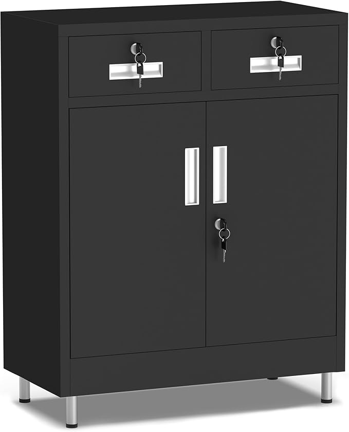 Metal Storage Cabinet with Locking Doors and 2 Drawers, Lockable Storage Cabinet with Adjustable Shelf for Home Office Garage Entryway Pantry (Black)