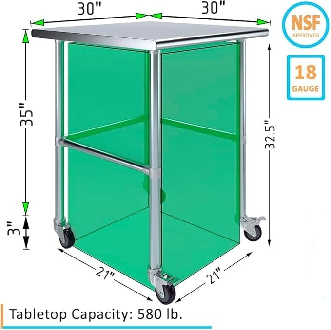 Stainless Steel Work Table Open Base & Wheels | Work Station | Metal Work Bench (Stainless Steel Work Table Open Base + Casters) (30" Long x 30" Deep)