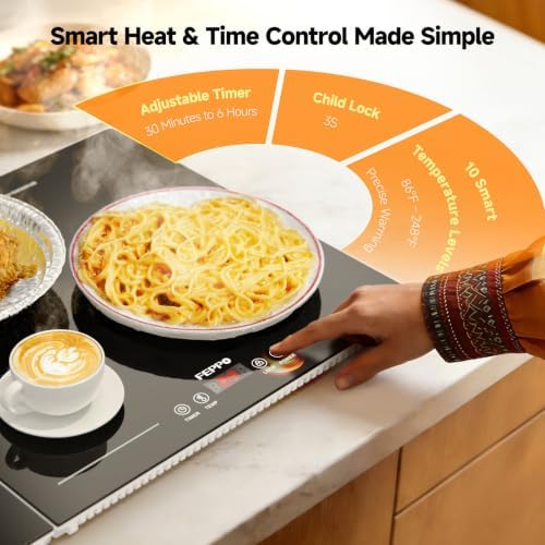 FEPPO Electric Warming Tray with Independent Temp & Timer Control, 2-in-1 Modular Food Warmer for Parties Buffet, 31"x15" Glass Surface Warming Mat for Food, Ideal for Catering & Gatherings - Image 4