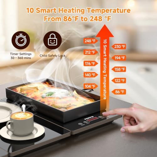 FEPPO Electric Warming Tray, 4-in-1 Food Warmers for Parties Buffet with 10 Temp Settings and Timer, 33"x15" Glass Surface Warming Mat for Food, Modular Buffet Hot Plates for Catering and Gatherings - Image 5