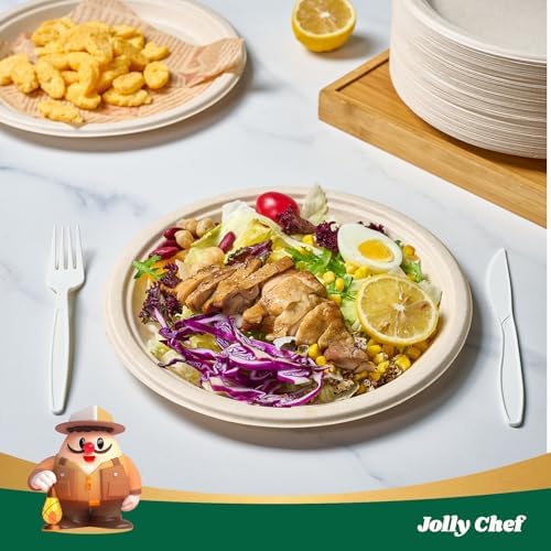 JOLLY CHEF 9 Inch Paper Plates Disposable Compostable Nature 150 Pack - Image 2