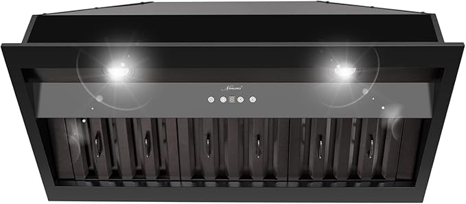 Akicon Range Hood Insert 36 Inch, Ultra Quiet, Powerful Suction Built-in Kitchen Vent Hood, Matte Black Stainless Steel Ducted Stove Hood with Dimmable LED Lights, 3-Speeds 600CFM