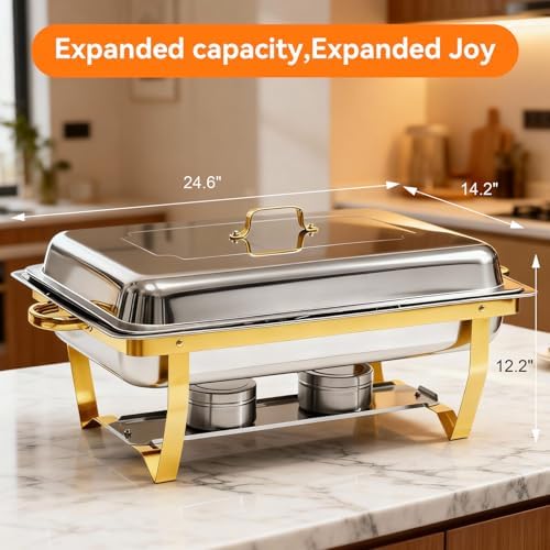 9Qt Chafing Dishes for Buffet, 4 Pack Gold 304 Stainless Steel Chafing Dish Sets, Complete Buffet Server and Warmers Set with Multiple Size Pans for Parties - Image 2